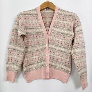 Vintage Laura Ashley Pink and Cream Fair Isle Cardigan‎ Size Large Cottagecore